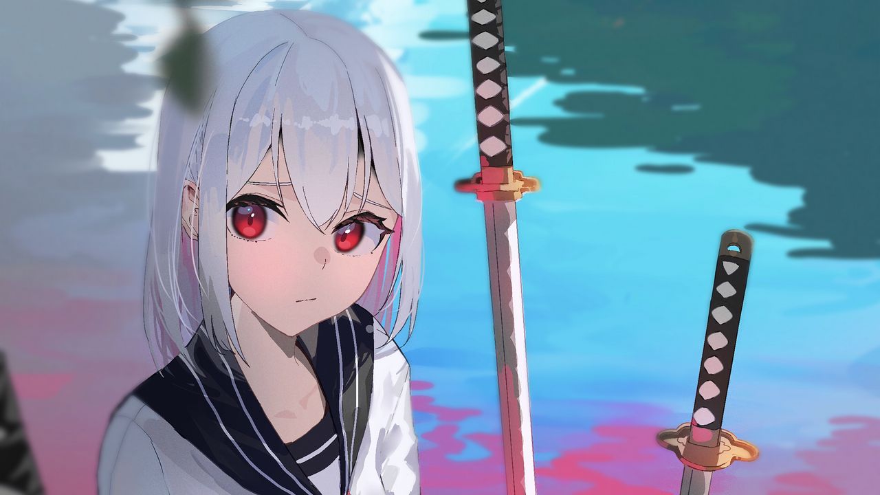 Wallpaper girl, katanas, swords, lake, anime, art, cartoon