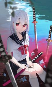 Preview wallpaper girl, katanas, swords, lake, anime, art, cartoon