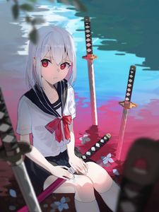 Preview wallpaper girl, katanas, swords, lake, anime, art, cartoon
