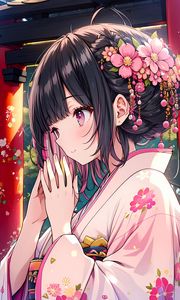 Preview wallpaper girl, kimono, anime, art, pink