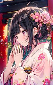 Preview wallpaper girl, kimono, anime, art, pink