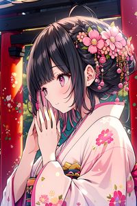 Preview wallpaper girl, kimono, anime, art, pink