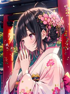 Preview wallpaper girl, kimono, anime, art, pink