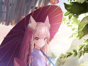Preview wallpaper girl, kimono, anime, outfit, umbrella, art