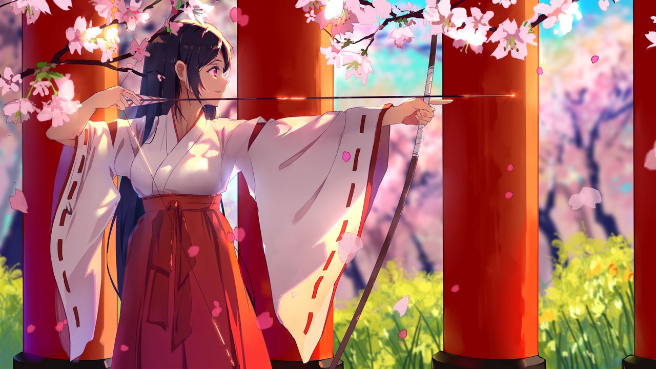 Wallpaper girl, kimono, arrow, flowers, anime