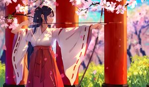 Preview wallpaper girl, kimono, arrow, flowers, anime