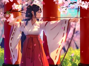 Preview wallpaper girl, kimono, arrow, flowers, anime