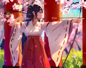 Preview wallpaper girl, kimono, arrow, flowers, anime