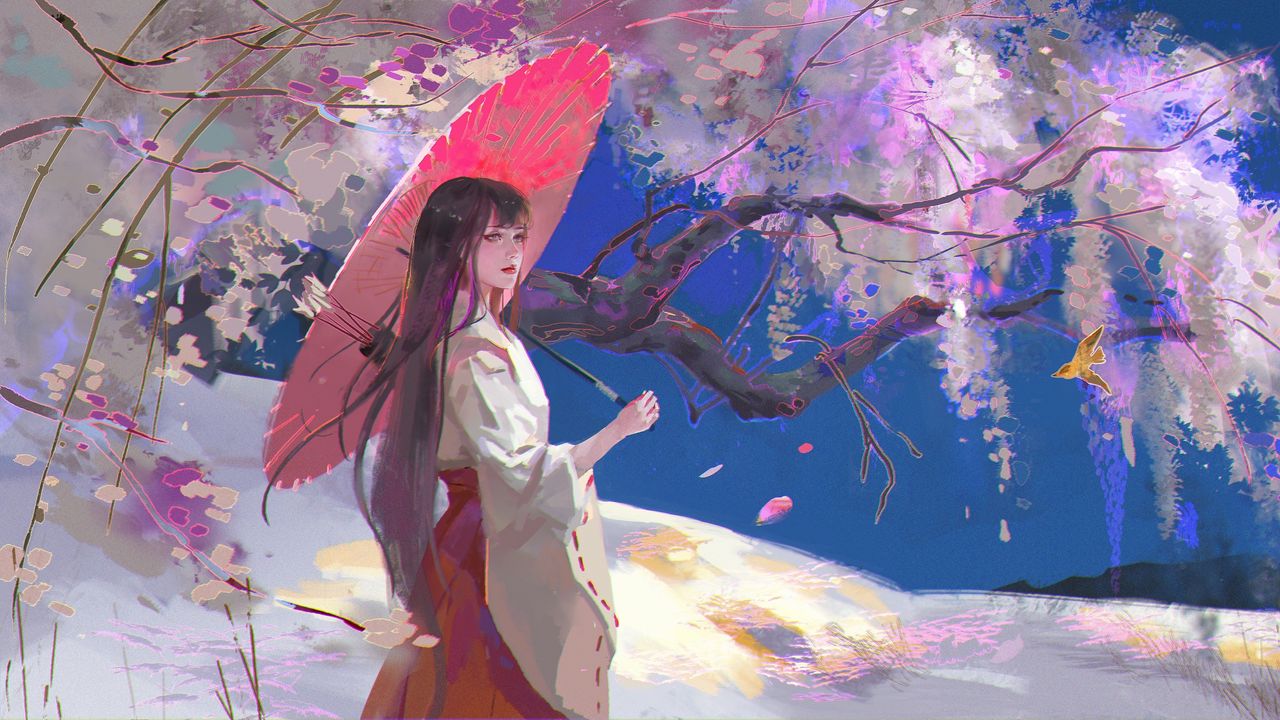 Wallpaper girl, kimono, arrows, umbrella, japan, art