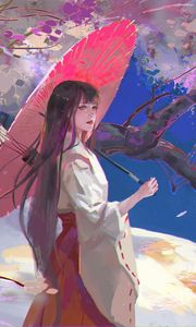 Preview wallpaper girl, kimono, arrows, umbrella, japan, art