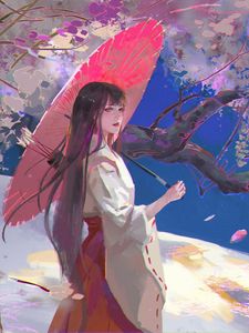 Preview wallpaper girl, kimono, arrows, umbrella, japan, art