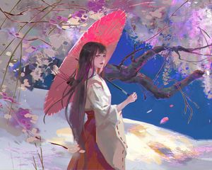 Preview wallpaper girl, kimono, arrows, umbrella, japan, art