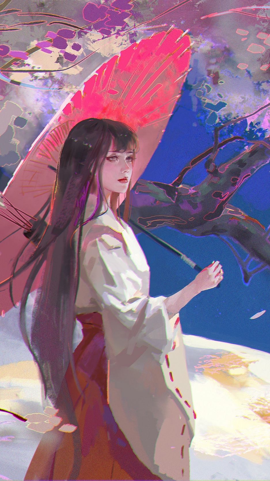 Download wallpaper 938x1668 girl, kimono, arrows, umbrella, japan, art