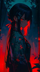 Preview wallpaper girl, kimono, backlight, anime, art, dark