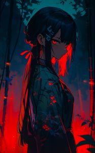 Preview wallpaper girl, kimono, backlight, anime, art, dark