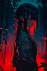 Preview wallpaper girl, kimono, backlight, anime, art, dark