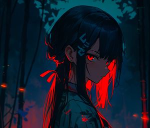 Preview wallpaper girl, kimono, backlight, anime, art, dark