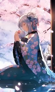 Preview wallpaper girl, kimono, ball, sakura, anime