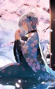 Preview wallpaper girl, kimono, ball, sakura, anime