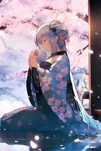 Preview wallpaper girl, kimono, ball, sakura, anime