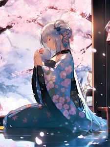 Preview wallpaper girl, kimono, ball, sakura, anime