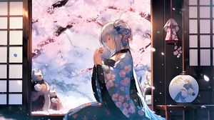 Preview wallpaper girl, kimono, ball, sakura, anime