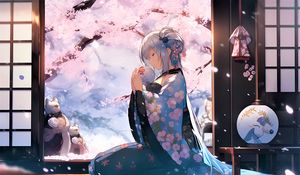 Preview wallpaper girl, kimono, ball, sakura, anime