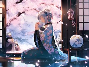 Preview wallpaper girl, kimono, ball, sakura, anime