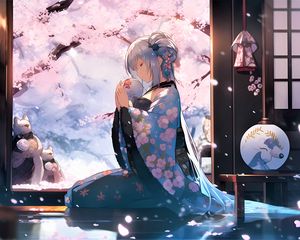 Preview wallpaper girl, kimono, ball, sakura, anime