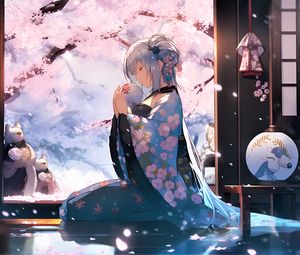 Preview wallpaper girl, kimono, ball, sakura, anime