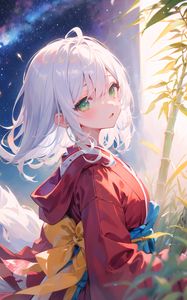 Preview wallpaper girl, kimono, bamboo, lanterns, starry sky, anime