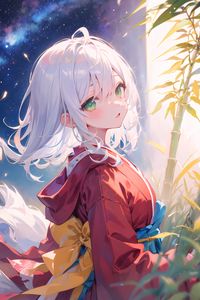 Preview wallpaper girl, kimono, bamboo, lanterns, starry sky, anime