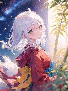 Preview wallpaper girl, kimono, bamboo, lanterns, starry sky, anime