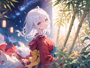 Preview wallpaper girl, kimono, bamboo, lanterns, starry sky, anime