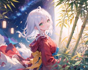 Preview wallpaper girl, kimono, bamboo, lanterns, starry sky, anime
