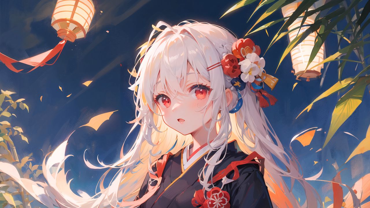 Wallpaper girl, kimono, blonde, flowers, hairpin, anime