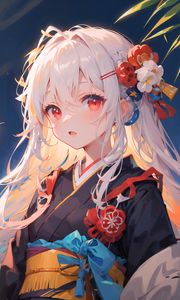 Preview wallpaper girl, kimono, blonde, flowers, hairpin, anime