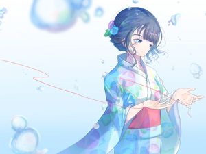 Preview wallpaper girl, kimono, blue, anime, art