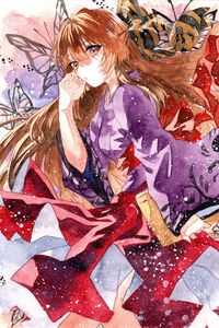 Preview wallpaper girl, kimono, butterflies, anime, art