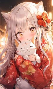 Preview wallpaper girl, kimono, cat, anime