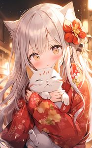 Preview wallpaper girl, kimono, cat, anime