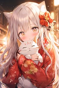 Preview wallpaper girl, kimono, cat, anime