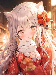 Preview wallpaper girl, kimono, cat, anime