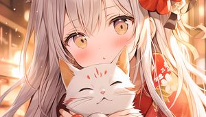 Preview wallpaper girl, kimono, cat, anime