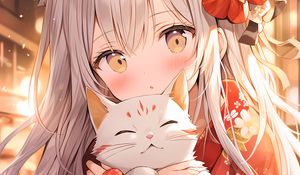 Preview wallpaper girl, kimono, cat, anime