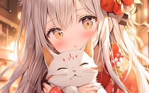 Preview wallpaper girl, kimono, cat, anime
