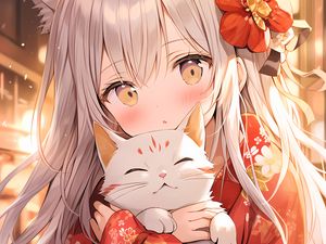 Preview wallpaper girl, kimono, cat, anime