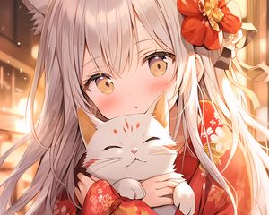 Preview wallpaper girl, kimono, cat, anime