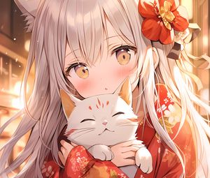 Preview wallpaper girl, kimono, cat, anime