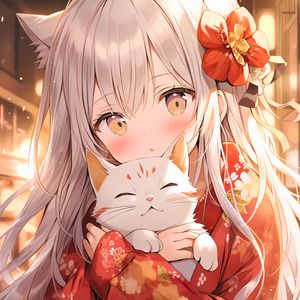 Preview wallpaper girl, kimono, cat, anime